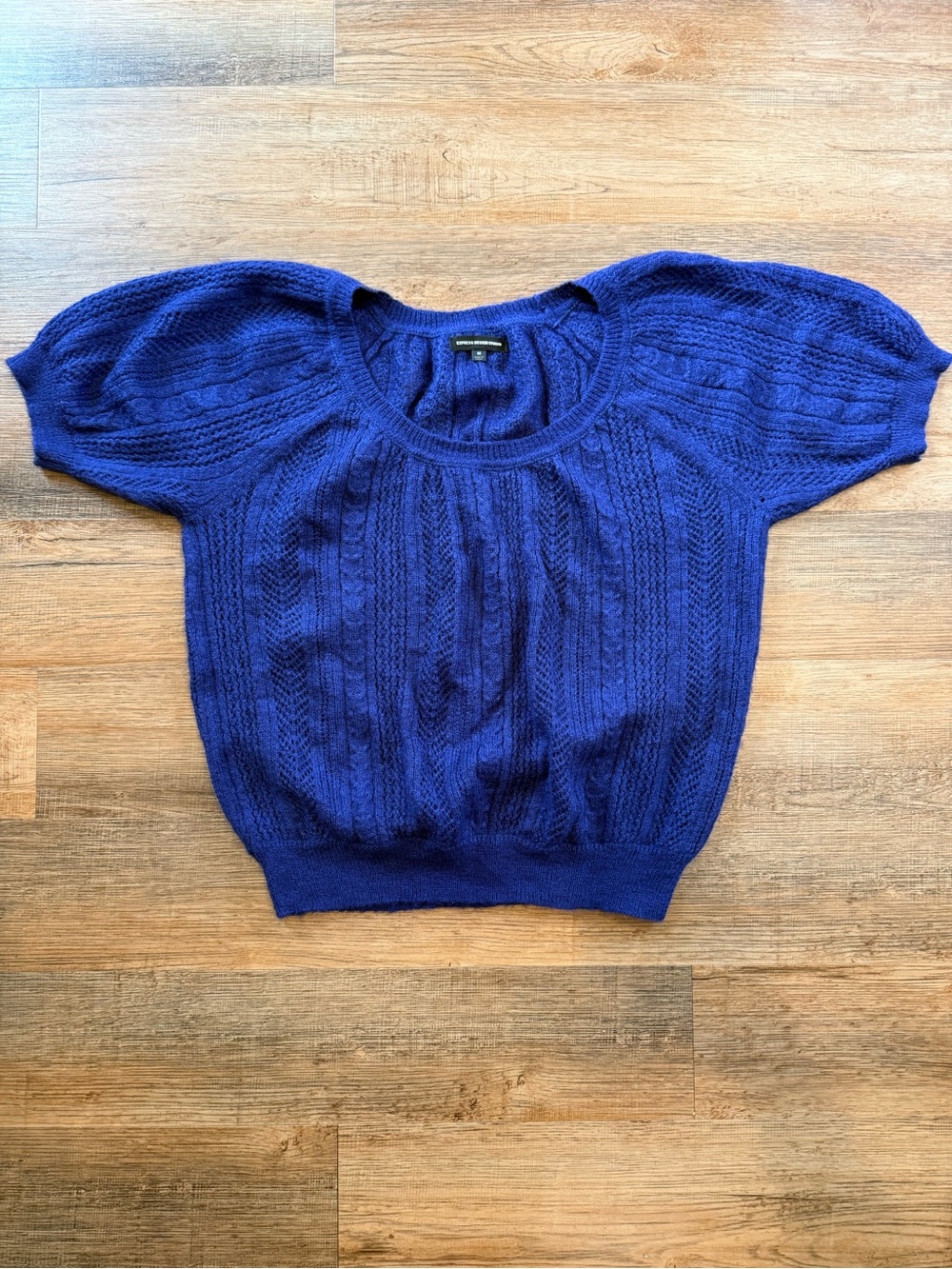 Express Royal Blue Scoop-Neck Short Sleeve Cable Knit Sweater
